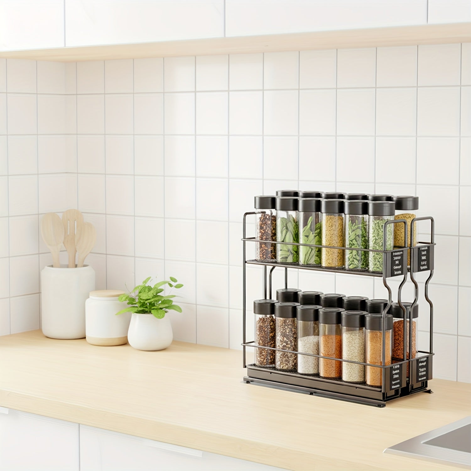 Heavy Duty 2-Tier Slide-Out Spice Rack Organizer with Labels - Adjustable Metal Kitchen Cabinet Storage Shelf, Space-Saving Sliding Mechanism, Powder-Coated Finish, 5.2\