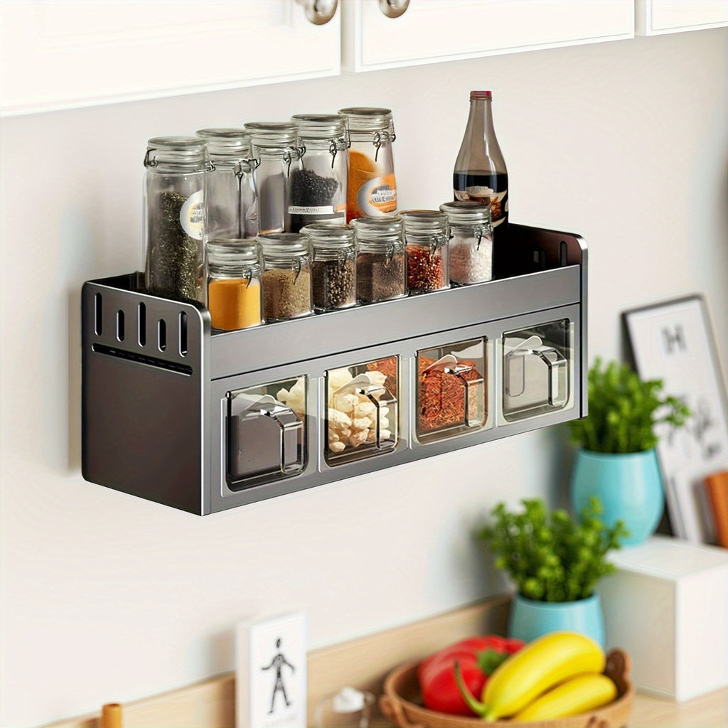 Wall-Mounted Spice Rack Set - Multi-Compartment Spice Rack, Durable Aluminum Spice Rack, No Drilling Required for Installation, Includes Spice Containers And Jars for Kitchen And Dining Room Use