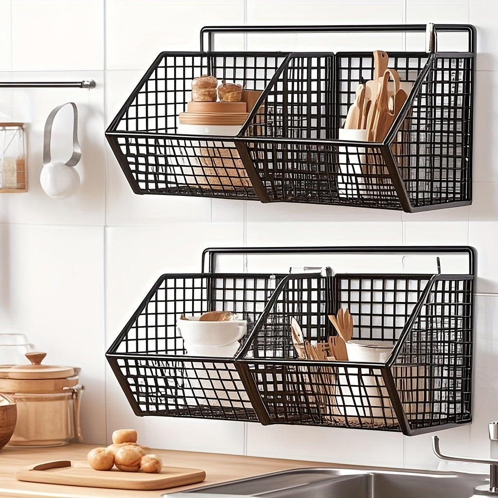 1\u002F2pcs Black Metal Grid, 2\u002F3 Grid Wall-mounted Kitchen Seasoning Bottle, Vegetable Rack, Strong Load-bearing Capacity, Large-capacity Kitchen Punch-free Sticky Hanging Rack, Suitable for Kitchen Drain Partition Storage, Saving Space