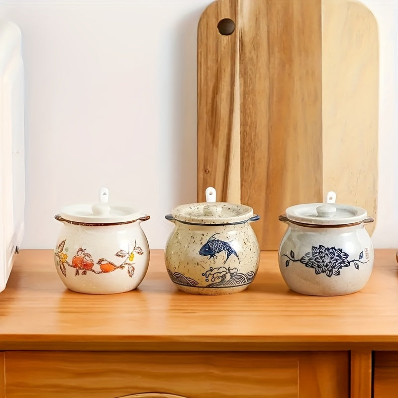 1pc Cute Ceramic Spice Jar with Lid & Spoon, Seasoning Jar, Seasoning Bottle, Spice Box for Spices Salt Sugar