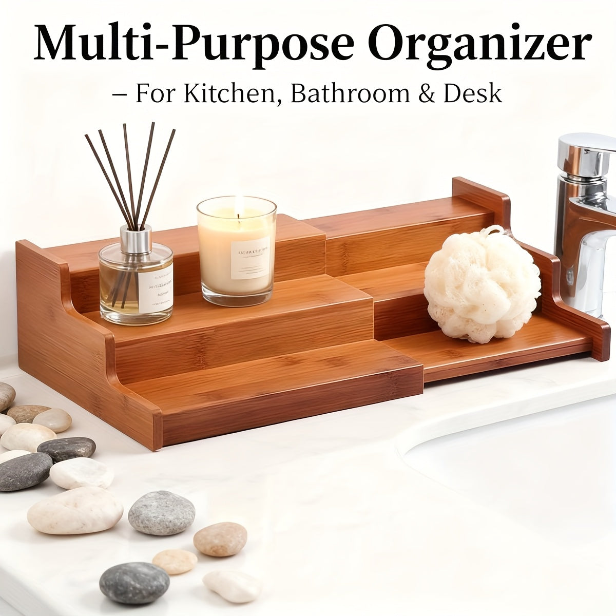 3-Tier Bamboo Spice Rack Organizer for Cabinet & Pantry - Adjustable Shelves, Under\u002FCountertop Spice Shelf with Bamboo Wood Storage - Space-Saving Vertical Spice Jars\u002FContainers Holder, Expandable Kitchen Spice Organization System