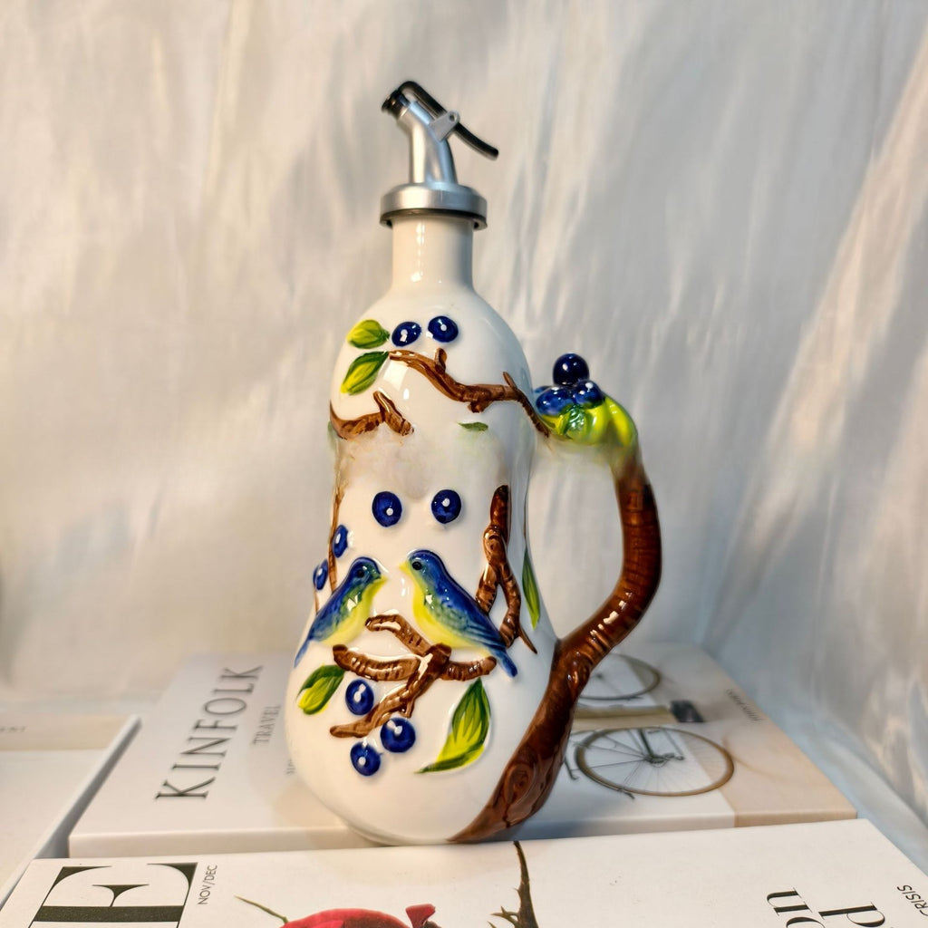 Artisanal Hand-Painted Ceramic Cruet Set - Lead-Free Non-Toxic Glaze & Non-Drip Spout, Hand-Painted Floral Relief Salt & Pepper Shakers, Wood-Like Base, & s, Traditional Underglaze Coloring (Salt