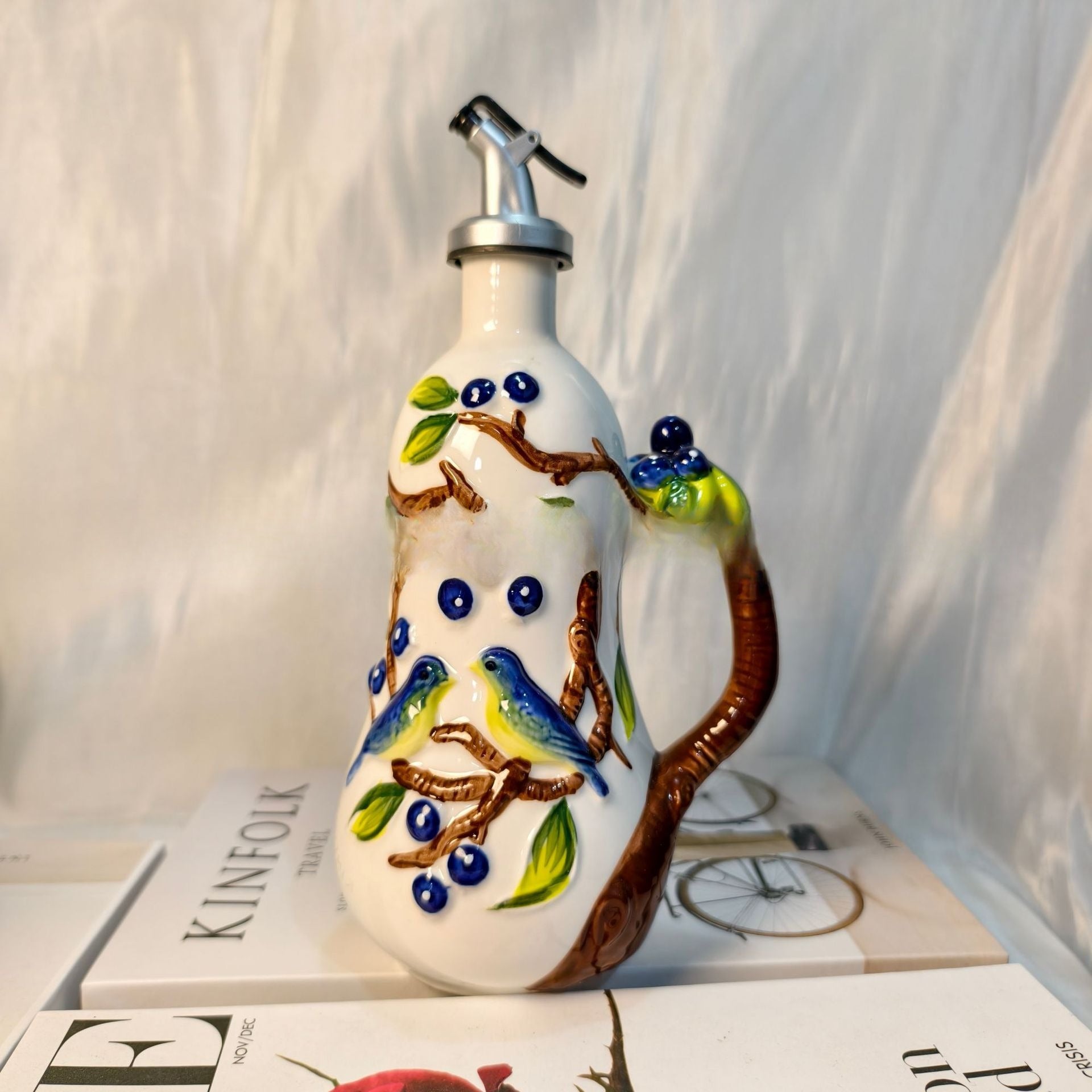 Artisanal Hand-Painted Ceramic Cruet Set - Lead-Free Non-Toxic Glaze & Non-Drip Spout, Hand-Painted Floral Relief Salt & Pepper Shakers, Wood-Like Base, & s, Traditional Underglaze Coloring (Salt