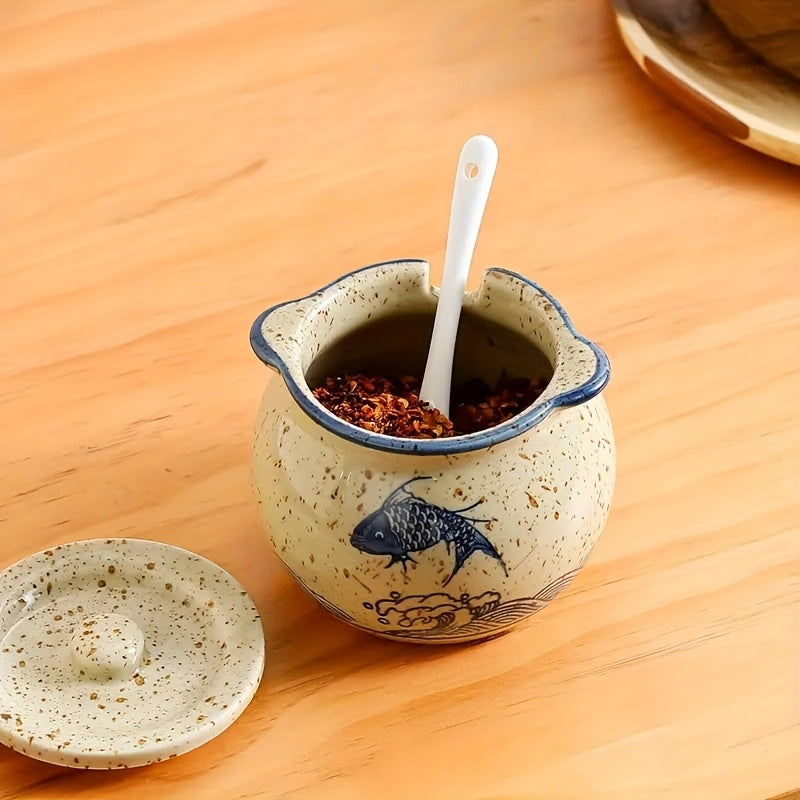 1pc Cute Ceramic Spice Jar with Lid & Spoon, Seasoning Jar, Seasoning Bottle, Spice Box for Spices Salt Sugar