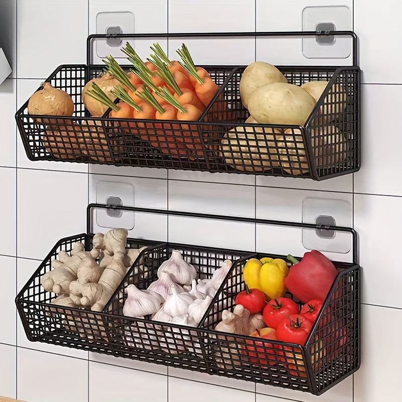 1\u002F2pcs Black Metal Grid, 2\u002F3 Grid Wall-mounted Kitchen Seasoning Bottle, Vegetable Rack, Strong Load-bearing Capacity, Large-capacity Kitchen Punch-free Sticky Hanging Rack, Suitable for Kitchen Drain Partition Storage, Saving Space