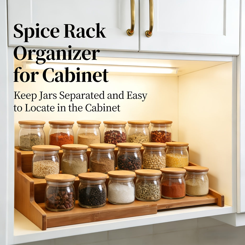 3-Tier Bamboo Spice Rack Organizer for Cabinet & Pantry - Adjustable Shelves, Under\u002FCountertop Spice Shelf with Bamboo Wood Storage - Space-Saving Vertical Spice Jars\u002FContainers Holder, Expandable Kitchen Spice Organization System